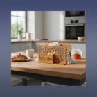 Drevený stojan na servítky s oddelením na špáradlá varianta F - položený na stole